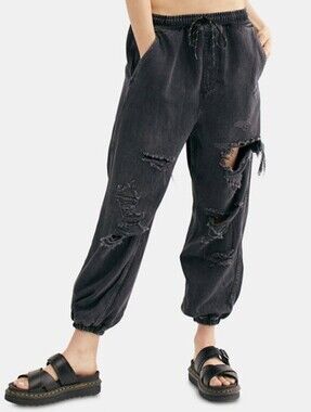NWT 8th Of LA Black Distressed Jogger Boyfriend Jeans Pull-On Drawstring 3351-P